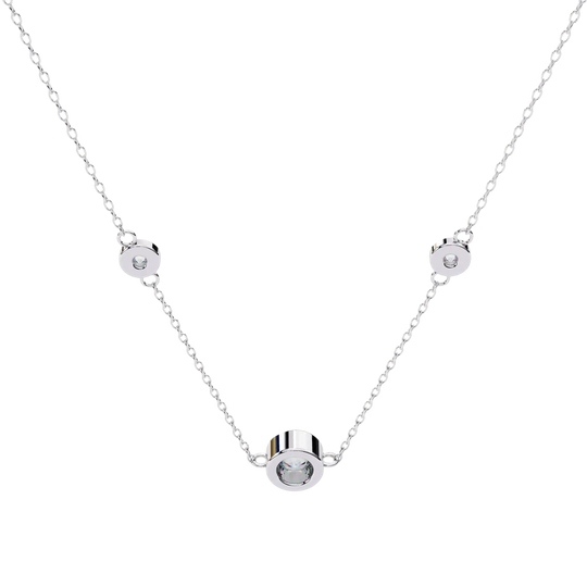 Lucano white gold necklace with three bezel-set diamonds on a delicate cable chain. Elegant and timeless.