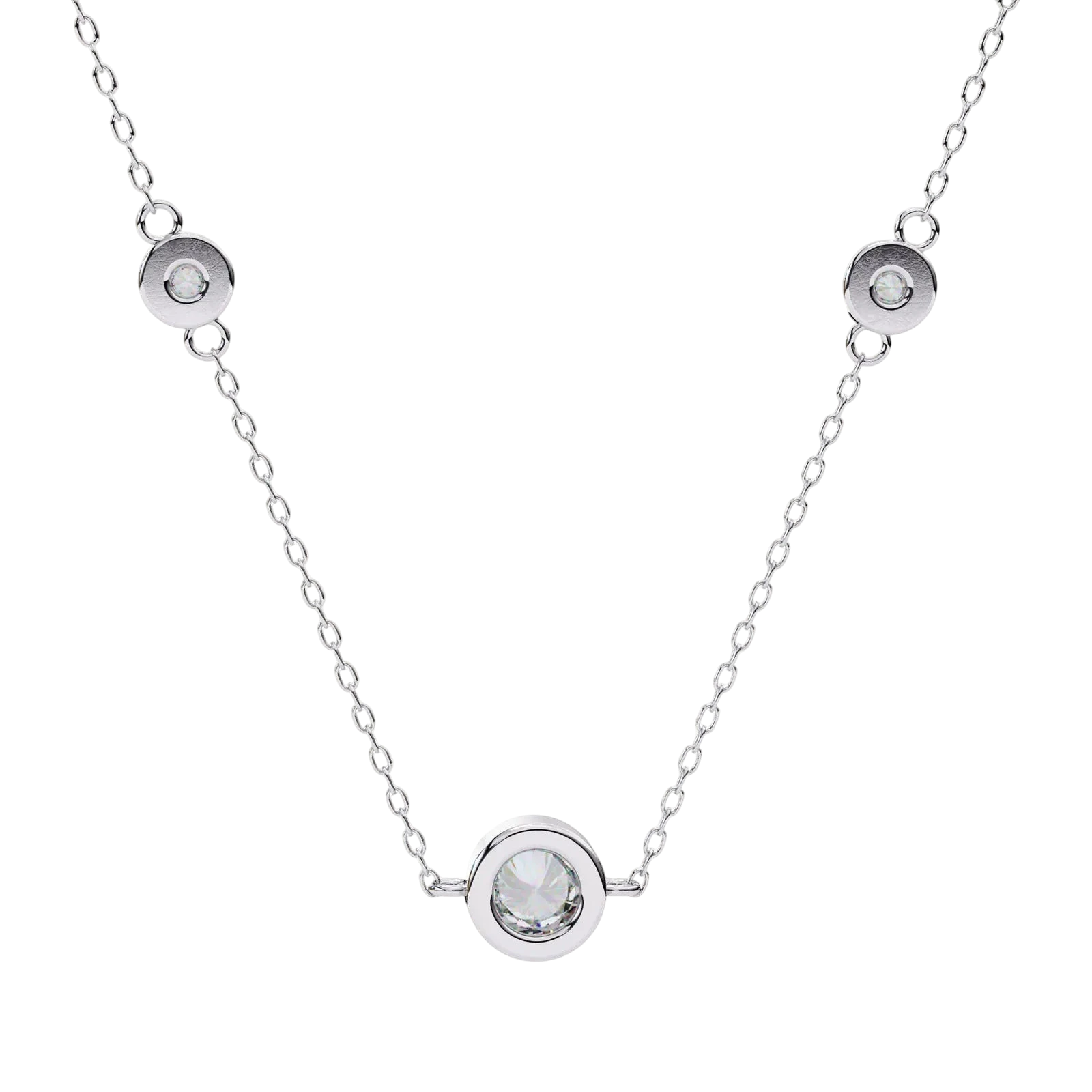 Lucano white gold necklace with three bezel-set diamonds on a delicate cable chain. Elegant and timeless.
