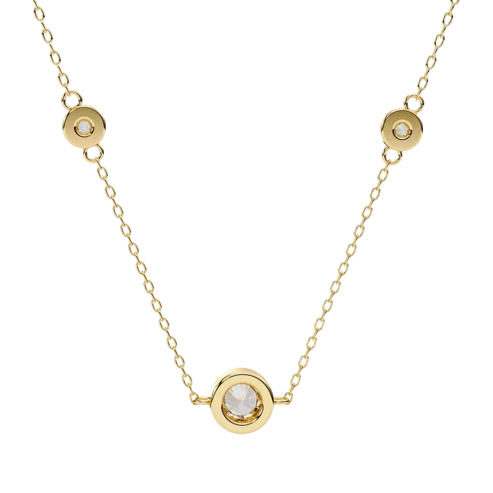 Lucano yellow gold necklace with three bezel-set diamonds on a delicate cable chain. Elegant and timeless.