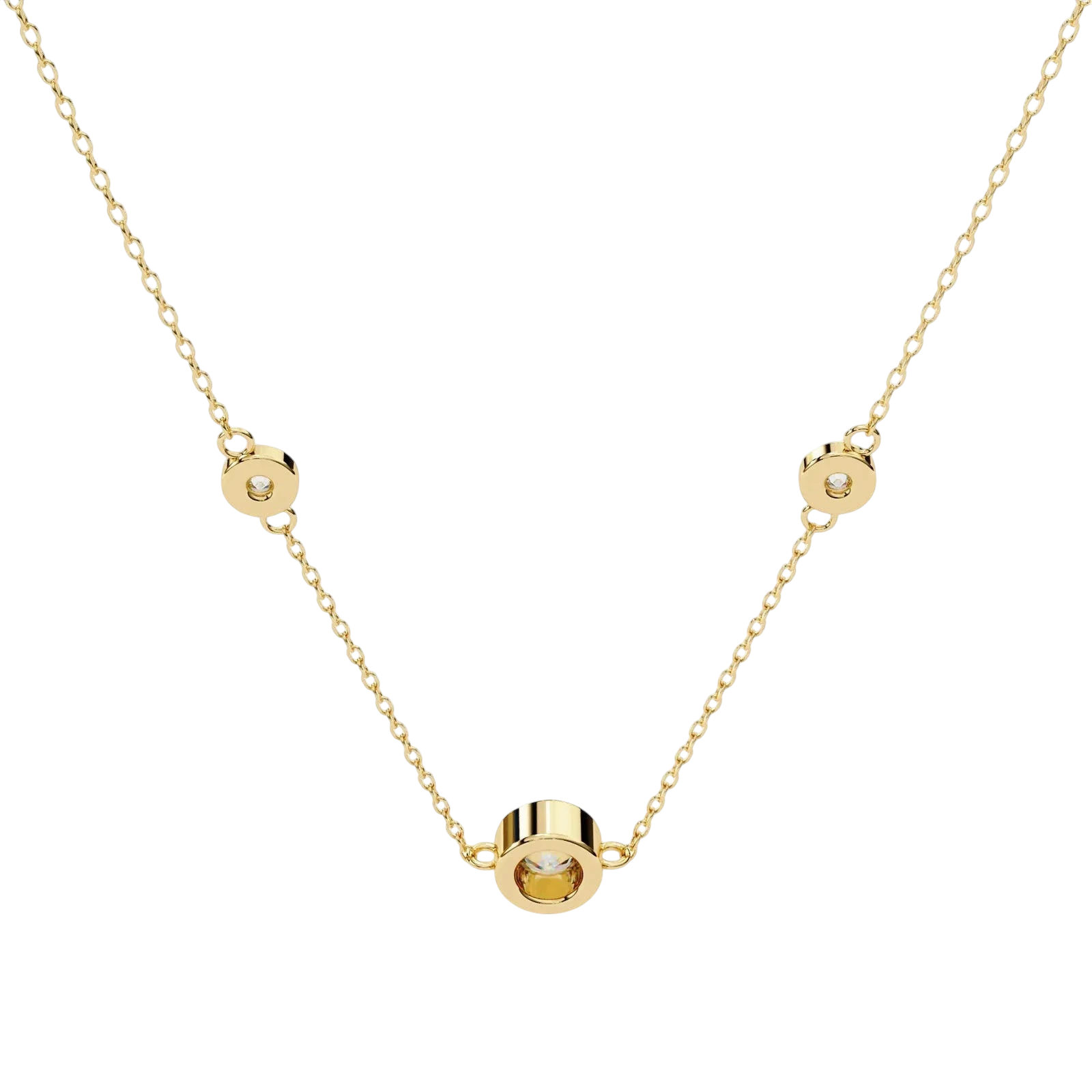Lucano yellow gold necklace with three bezel-set diamonds on a delicate cable chain. Designed for everyday wear.