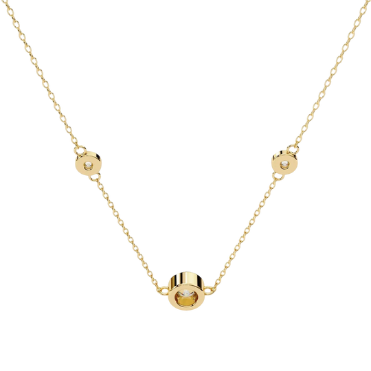 Lucano yellow gold necklace with three bezel-set diamonds on a delicate cable chain. Designed for everyday wear.