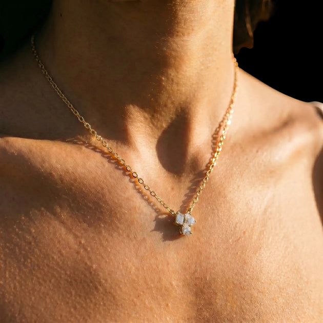 Trinas Three-Stone Pendant - three-stone diamond pendant - styled view - hand-made in Byron Bay Hinterland, Australia by Lucano Fine Jewellery