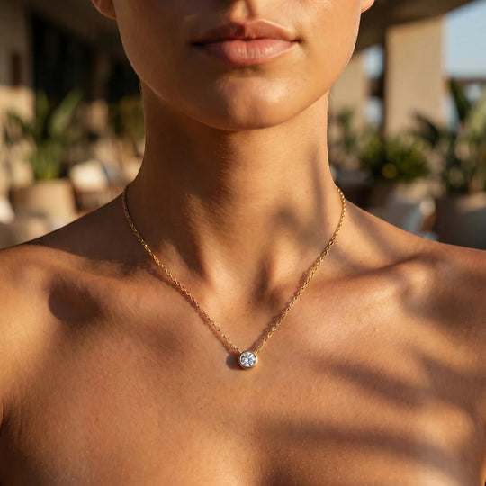 Solis Round Bezel Pendant - round brilliant diamond pendant - detail view - hand-made in Byron Bay Hinterland, Australia by Lucano Fine Jewellery